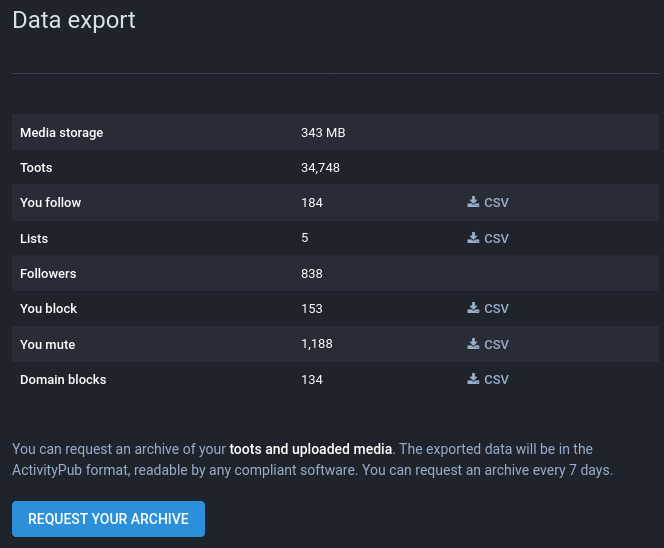 Strona eksportu danych w ustawieniach